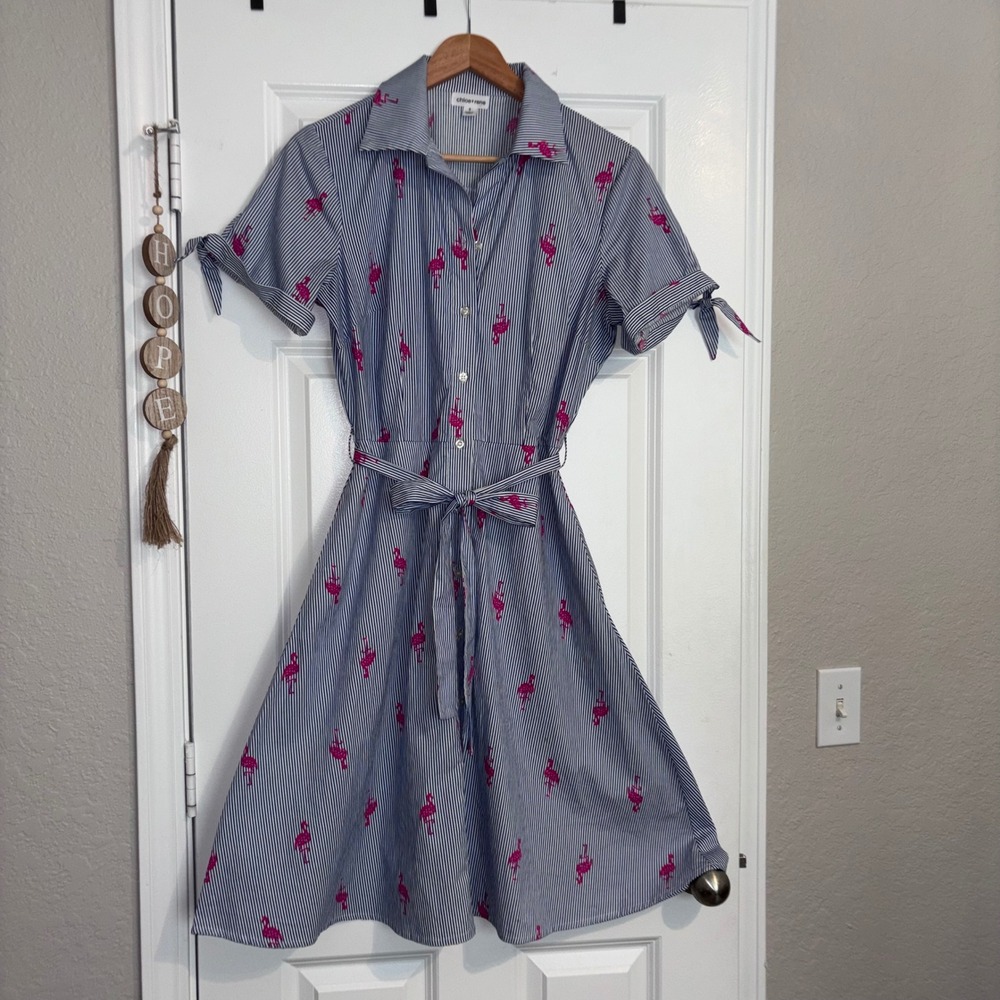 Chloe + Rene Button-Up Tropical Resort Belted Flamingo A-Line Cotton Dress Sz S